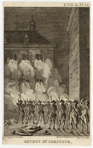 202324 Afbeelding van de gewapende aanval van de patriotse troepen van de Rijngraaf van Salm op paleis Soestdijk in de ...